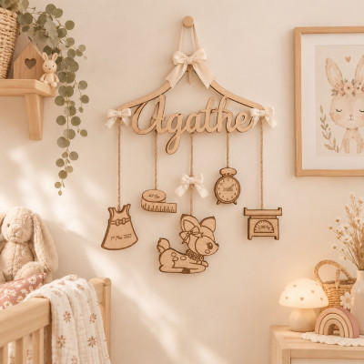 Cintre prénom decoupé en bois avec , heure , poids, heure, cm gravé sur ce cadeau de naissance personnalisé